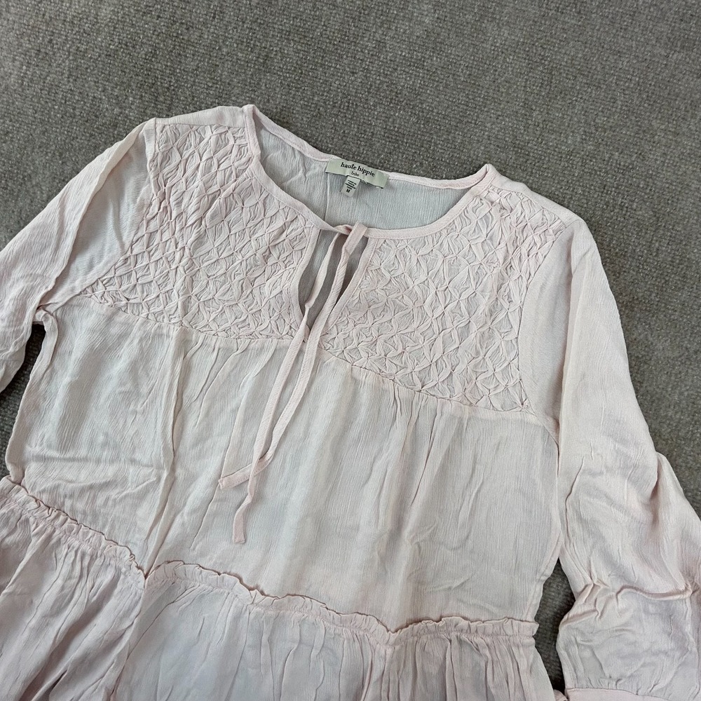 Haute Hippie Tribe Grace Blouse Top Womens Medium Pink Diamond Smocked Tiered